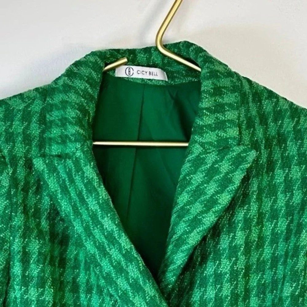 Cicy Bell Womens Green Cropped Tweed Blazer Skirt Set Suit M Tweed Houndstooth - Picture 3 of 12